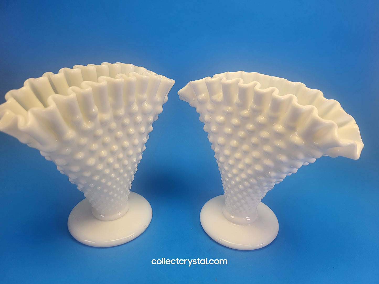 Fenton Hobnail Ruffled Fan Milk Glass set of 2 vases