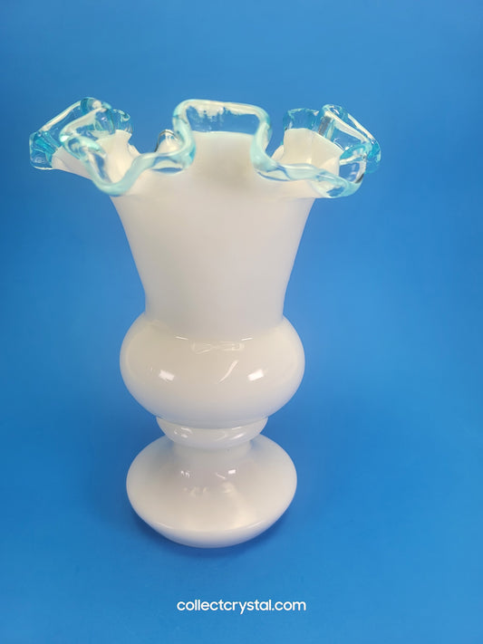 Fenton Aqua Crest Ruffled Rim Milk glass vase