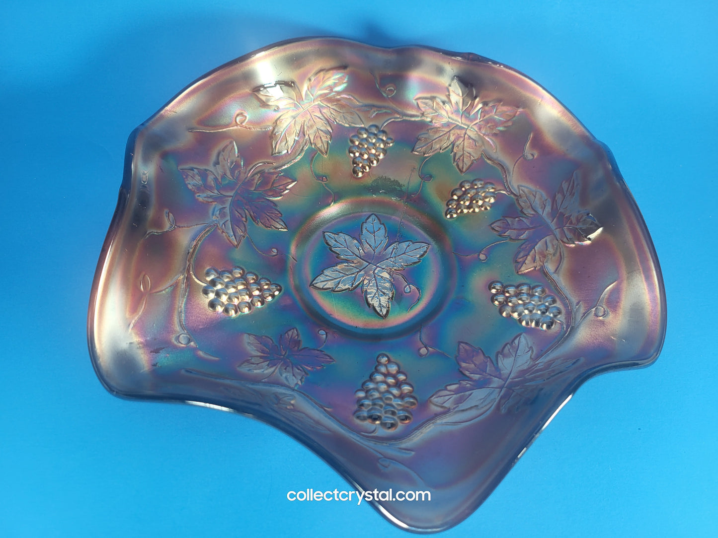 Fenton Grape and Leaves Purple Green Carnival Glass Bowl