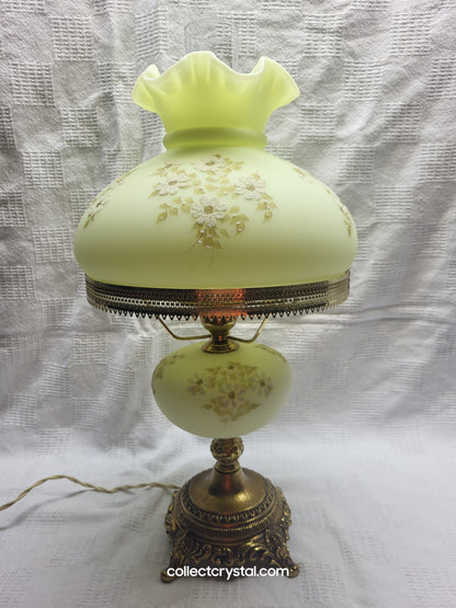 Fenton Student Lamp HAND PAINTED signed Mackey CUSTARD URANIUM WHITE DAISIES