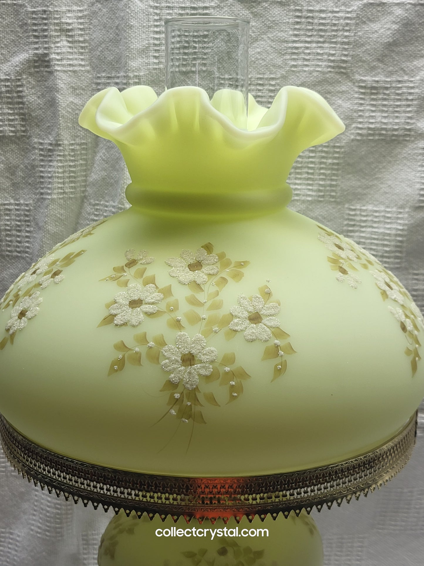 Fenton Student Lamp HAND PAINTED signed Mackey CUSTARD URANIUM WHITE DAISIES